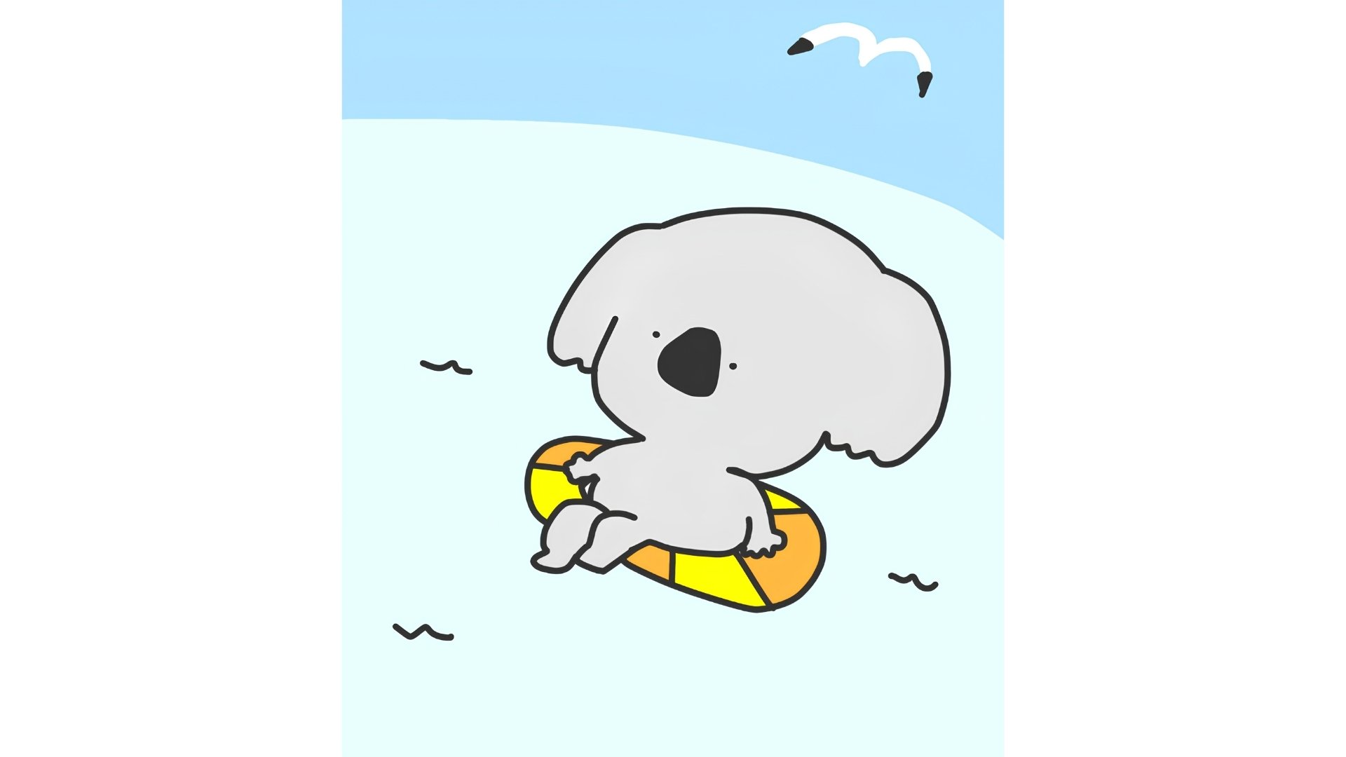 Bob floating in a yellow inner tube under a blue sky, seagulls above